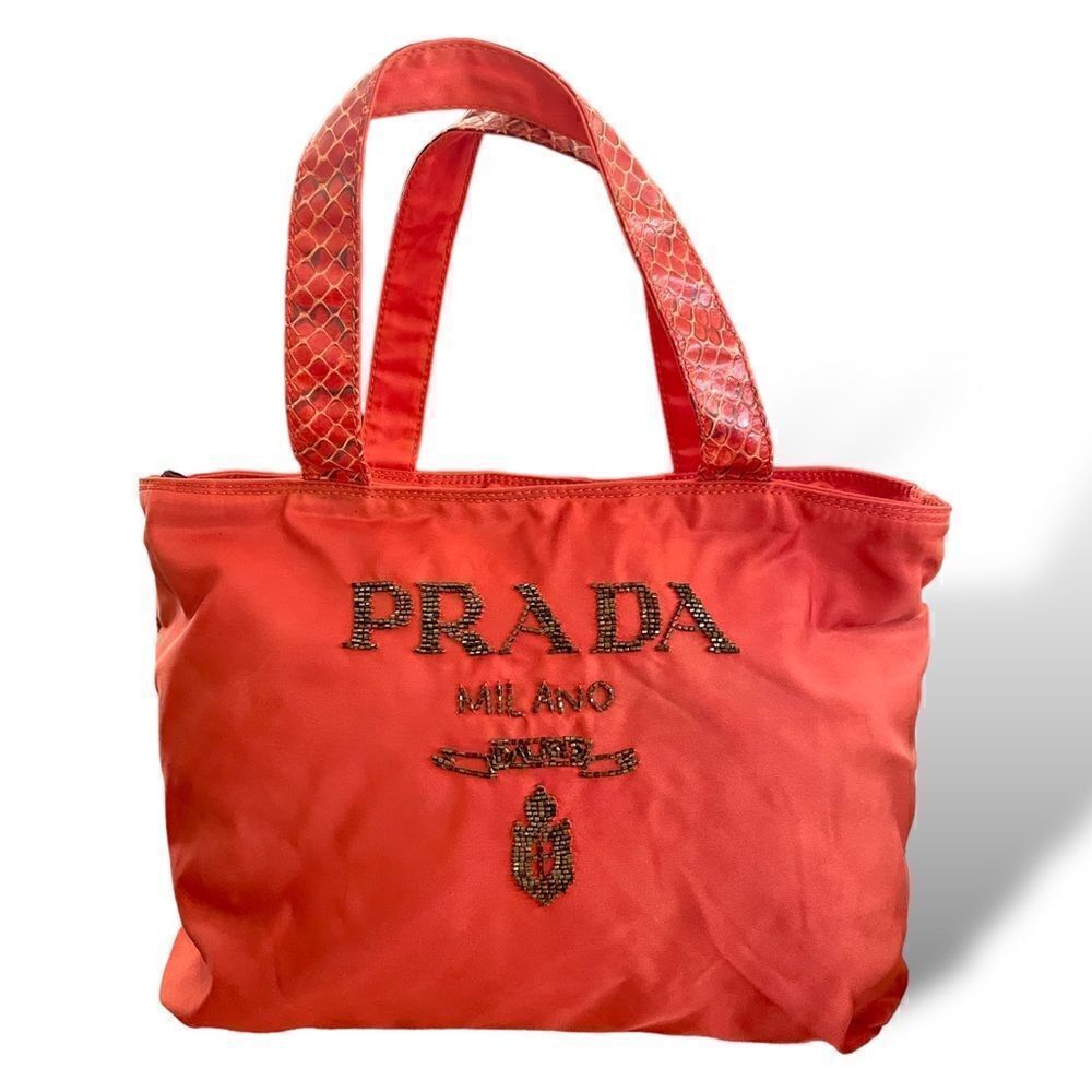 PRADA Tote with Python Handles and Beaded Front Logo - Picture 13 of 14